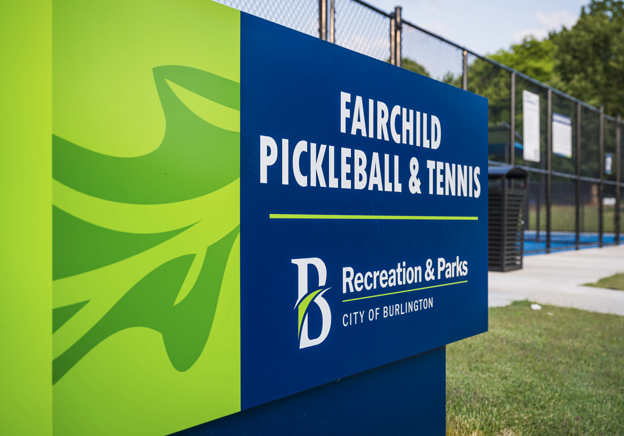 Entrance sign for Fairchild Pickleball & Tennis at Burlington Recreation and Parks in North Carolina.