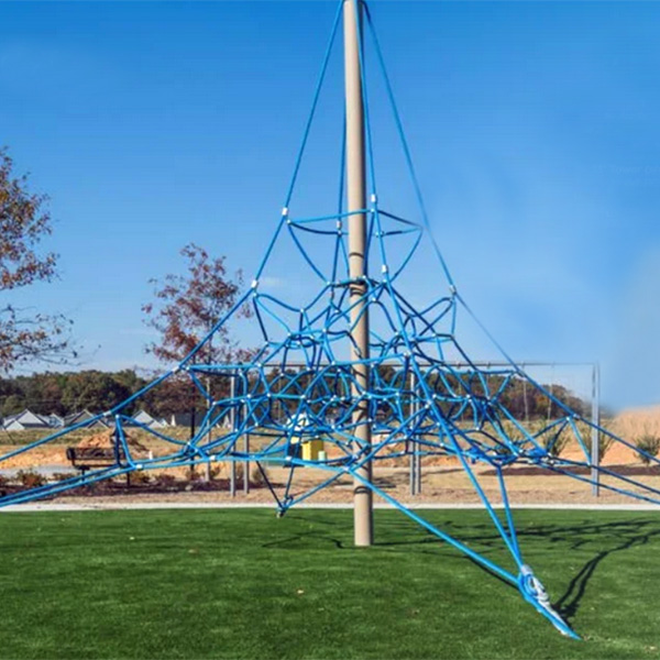 Blue rope climbing pyramid play structure installed on turf at a Carolina community park.