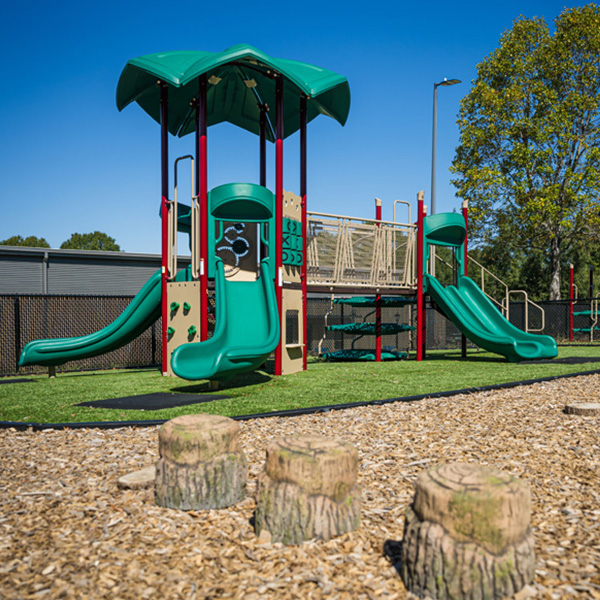 SR Carolinas playground with double green slides and climbing features on wood mulch in The Carolinas