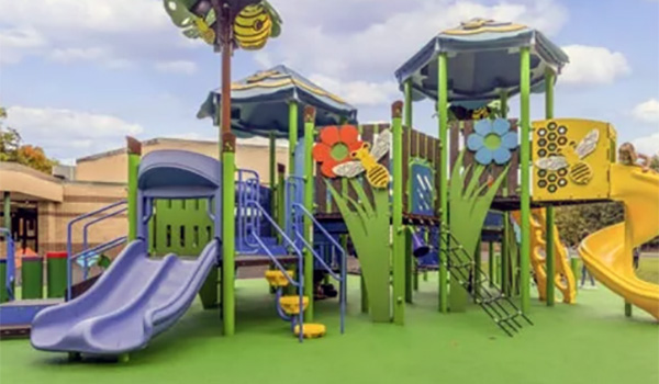 Superior Recreation of the Carolinas bee and flower-themed playground with slides and climbing structures in a South Carolina schoolyard.