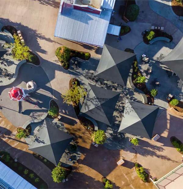 Aerial view of shade structures installed by Superior Recreation of the Carolinas at a Carolina outdoor recreation area.