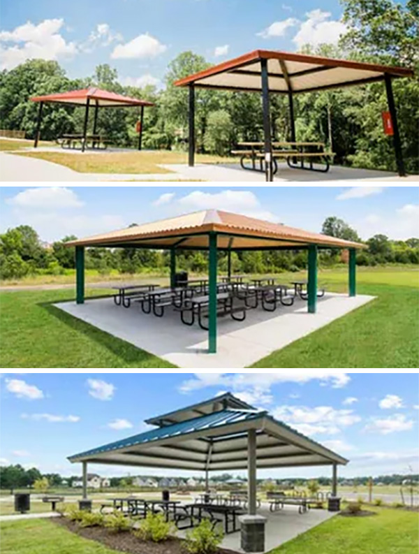 Three different covered picnic shelters with metal roofs and seating in grassy community park areas.