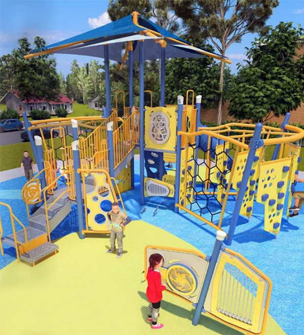 Superior Recreation of the Carolinas colorful yellow and blue community playground with climbing panels and shade canopy.
